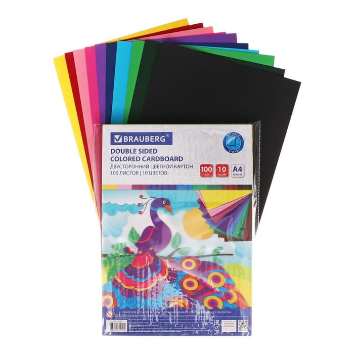 Картон цветной BRAUBERG Kids series, А4, 100 листов, 10 цветов, двусторонний, тонированный