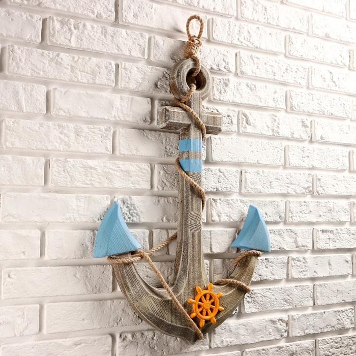 Декор настенный, панно «Якорь интерьерный с веревкой и штурвалом», 60×44 см
