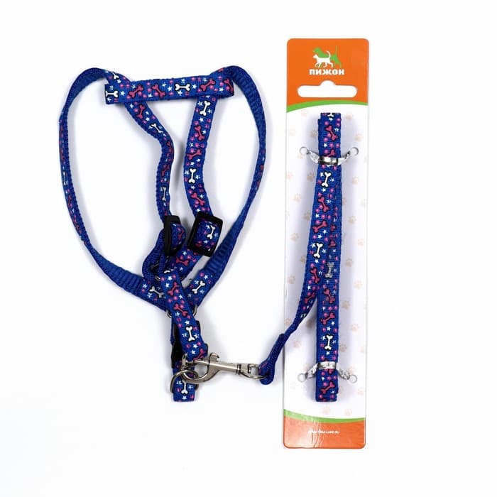 Шлейка с поводком «Звёздные косточки», 23-35 с, ширина 1 см, поводок 120 см, синяя