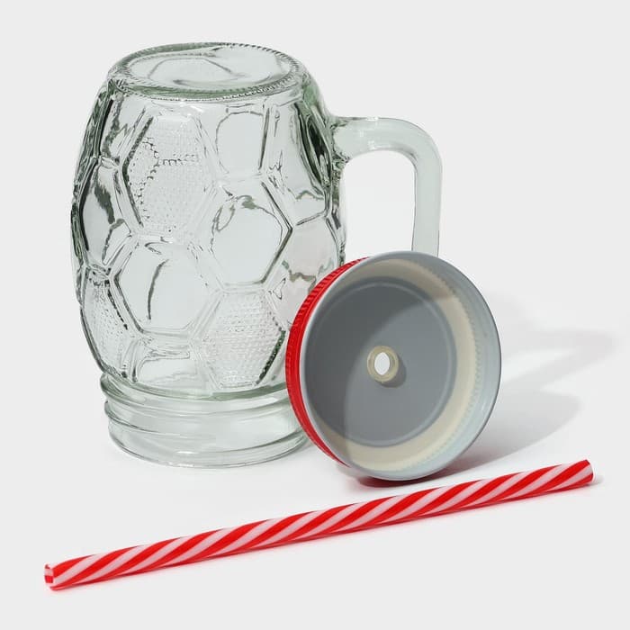 Кружка Доляна «Мяч», 500 мл, с крышкой и трубочкой, стекло, МИКС