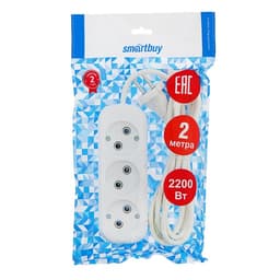 Удлинитель сетевой Smartbuy, 3 розетки, 2 м, 2200 Вт, ПВС 2×1 мм2, 10 А, без заземления, белый