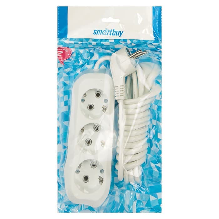 Удлинитель сетевой Smartbuy, 3 розетки, 3 м, 3500 Вт, ПВС 3×1 мм2, 16 А, с заземлением, белый