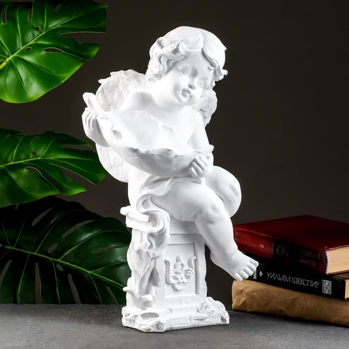 Фигура гипс «Ангелочек с чашей», белый, 20×23×39 см