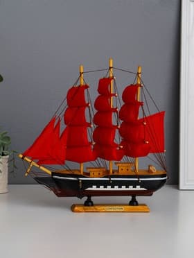 Сувенирная модель корабля «Флора», борта чёрные с белой полосой, паруса алые, 32×6.5×31 см