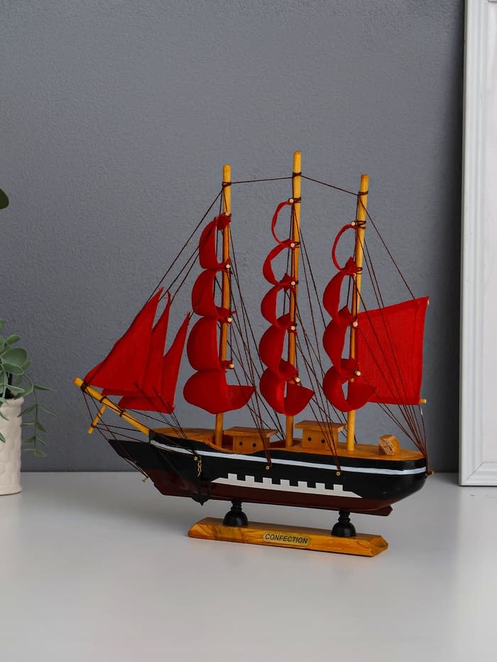 Сувенирная модель корабля «Флора», борта чёрные с белой полосой, паруса алые, 32×6.5×31 см
