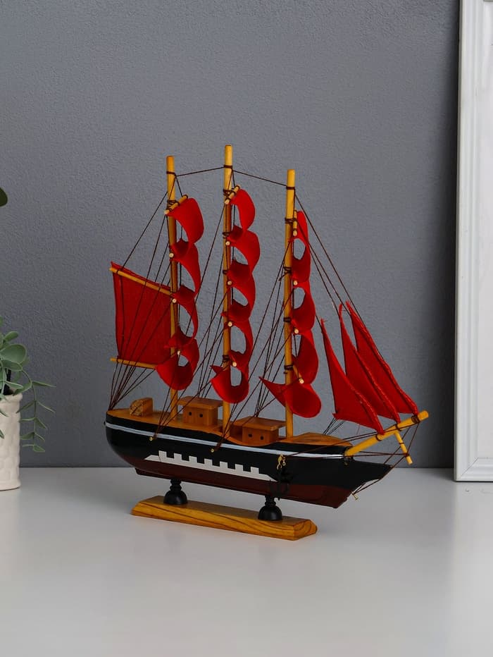Сувенирная модель корабля «Флора», борта чёрные с белой полосой, паруса алые, 32×6.5×31 см