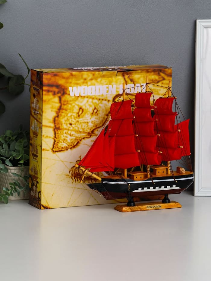 Сувенирная модель корабля «Флора», борта чёрные с белой полосой, паруса алые, 32×6.5×31 см