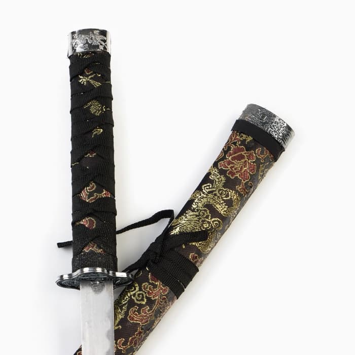 Макет оружия «Сувенирные катаны на подставке 3в1. Драконы на бежевом», подарочный набор, ножны ткань, 47 см; 70 см; 89 см