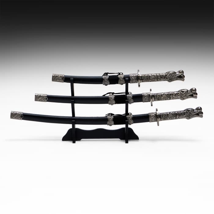 Макет оружия «Сувенирные катаны на подставке 3в1. Голова дракона», подарочный набор, ножны кожзам, чёрный, 45 см; 52 см; 61 см