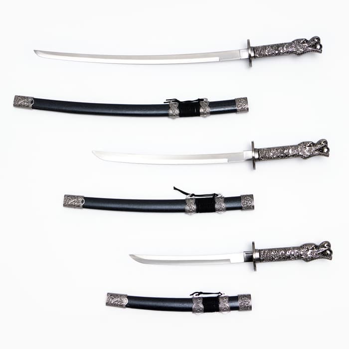 Макет оружия «Сувенирные катаны на подставке 3в1. Голова дракона», подарочный набор, ножны кожзам, чёрный, 45 см; 52 см; 61 см