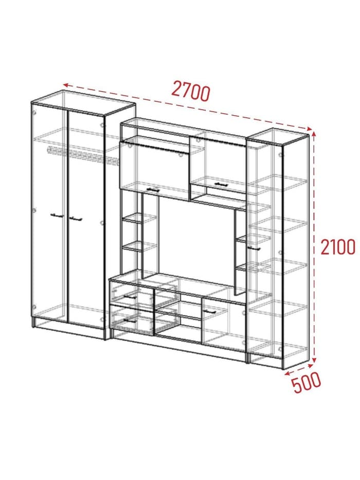Стенка для гостиной «МАРТА», 2700×500×2100 мм, цвет ясень шимо светлый/ясень шимо тёмный