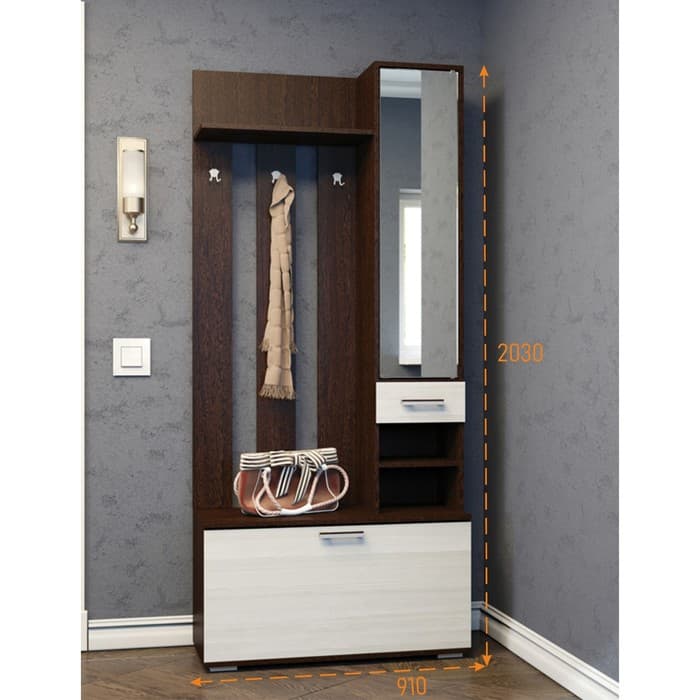 Вешалка с зеркалом «Ника», 910×354×2035 мм, цвет ясень шимо светлый/ясень шимо темный