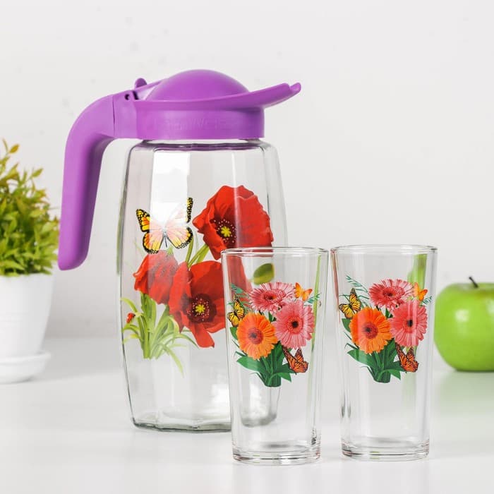 Набор для напитков «Букеты», 3 предмета: кувшин 1.7 л, стаканы 230 мл, 2 шт., стекло, рисунок МИКС