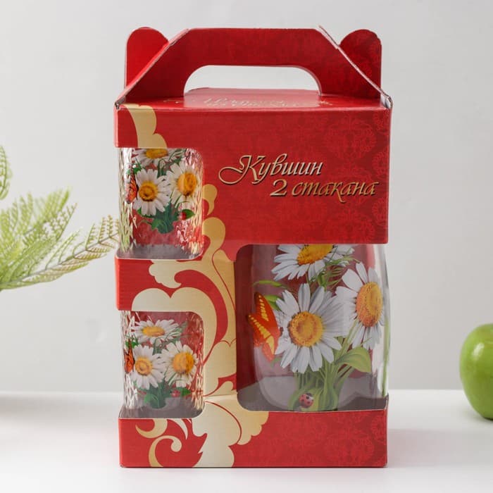 Набор для напитков «Букеты», 3 предмета: кувшин 1.7 л, стаканы 230 мл, 2 шт., стекло, рисунок МИКС