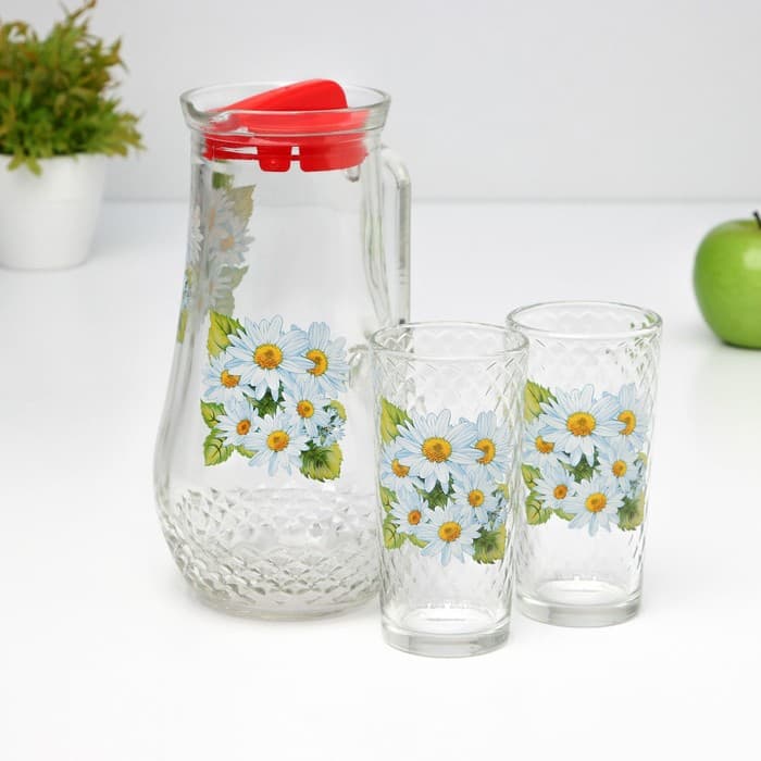 Набор для напитков «Букеты», 3 предмета: кувшин 1.7 л, стаканы 230 мл, 2 шт., стекло, рисунок МИКС