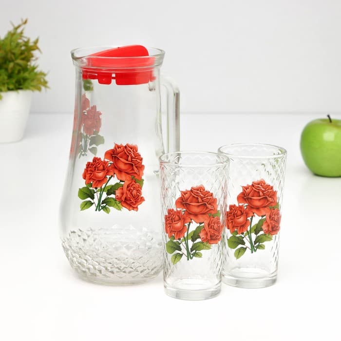 Набор для напитков «Букеты», 3 предмета: кувшин 1.7 л, стаканы 230 мл, 2 шт., стекло, рисунок МИКС