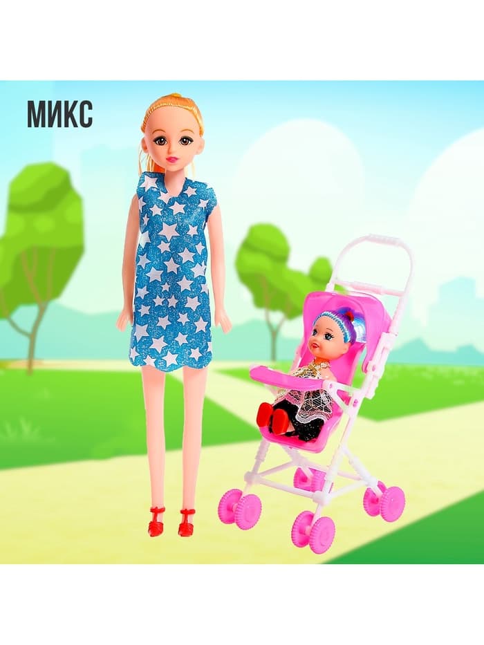 Кукла-модель «Мама с дочкой» с коляской, МИКС