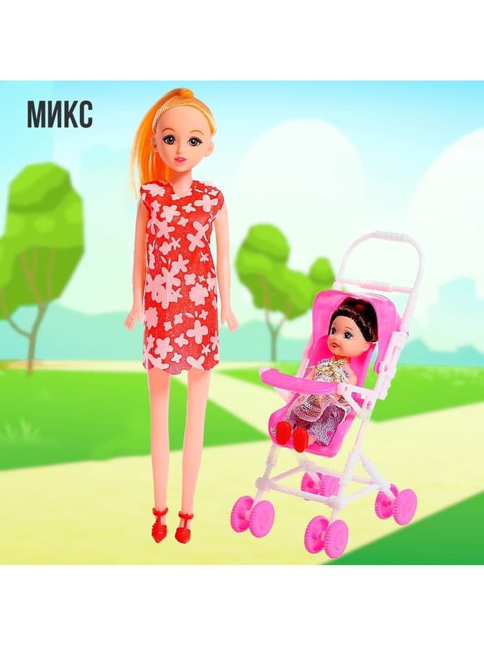 Кукла-модель «Мама с дочкой» с коляской, МИКС