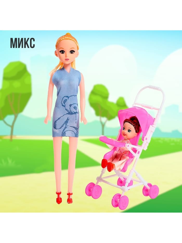 Кукла-модель «Мама с дочкой» с коляской, МИКС
