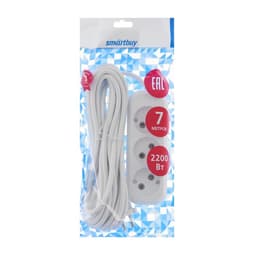 Удлинитель сетевой Smartbuy, 3 розетки, 7 м, 2200 Вт, ПВС 2×1 мм2, 10 А, без заземления, белый