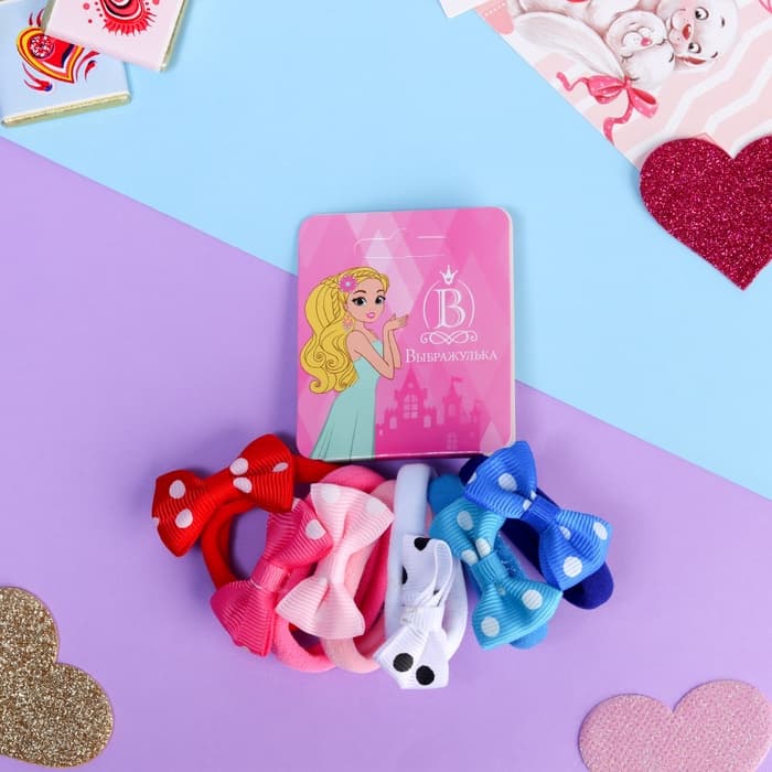 Резинки для волос Выбражулька «Бантик», набор 6 шт., горошек