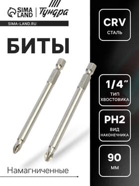 Биты ТУНДРА, намагниченные, сталь CrV, PH2×90 мм, 2 шт.