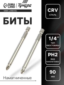 Биты ТУНДРА, намагниченные, сталь CrV, PH2×90 мм, 2 шт.