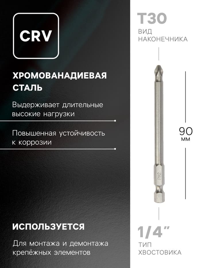 Биты ТУНДРА, намагниченные, сталь CrV, PH2×90 мм, 2 шт.