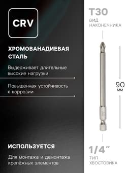 Биты ТУНДРА, намагниченные, сталь CrV, PH2×90 мм, 2 шт.