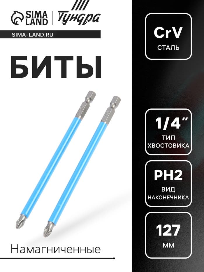 Биты ТУНДРА, намагниченные, сталь CrV, PH2×127 мм, 2 шт.
