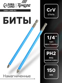 Биты ТУНДРА, намагниченные, сталь CrV, PH2×150 мм, 2 шт.