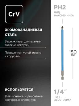 Биты ТУНДРА, намагниченные, сталь CrV, PH2×150 мм, 2 шт.