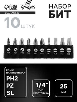 Набор бит ТУНДРА, сталь CrV, PH, PZ, SL × 25 мм, 10 шт.