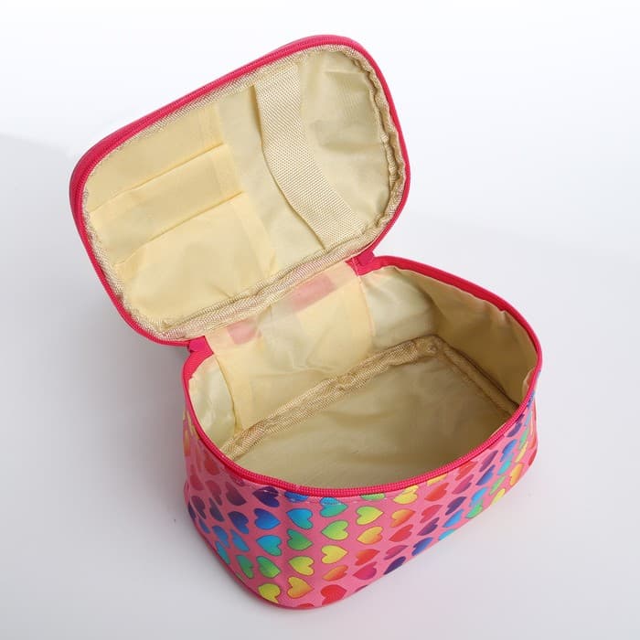 Косметичка - сундучок на молнии, на подкладке, с ручкой, с рисунком, розовая