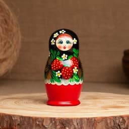 Матрёшка дерево «Земляничка», чёрный платок, 3 кукольная, 10 см