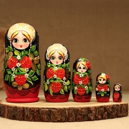 Матрёшка дерево «Земляничка», чёрный платок, 5 кукольная, 18 см