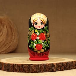 Матрёшка дерево «Земляничка», чёрный платок, 5 кукольная, 18 см