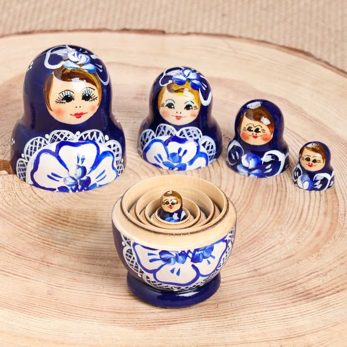 Матрёшка дерево «Гжель», синее платье, 5 кукольная, 9.5-11 см