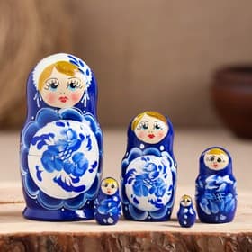 Матрёшка дерево «Поднос гжель», синее платье, 5 кукольная, 10 см