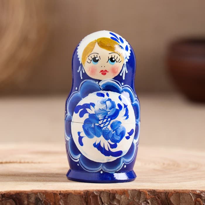 Матрёшка дерево «Поднос гжель», синее платье, 5 кукольная, 10 см