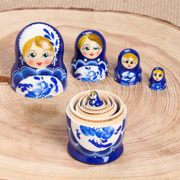 Матрёшка дерево «Поднос гжель», синее платье, 5 кукольная, 10 см