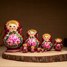 Матрёшка дерево «Цветочки розовое платье», 10 кукольная, 12-14 см