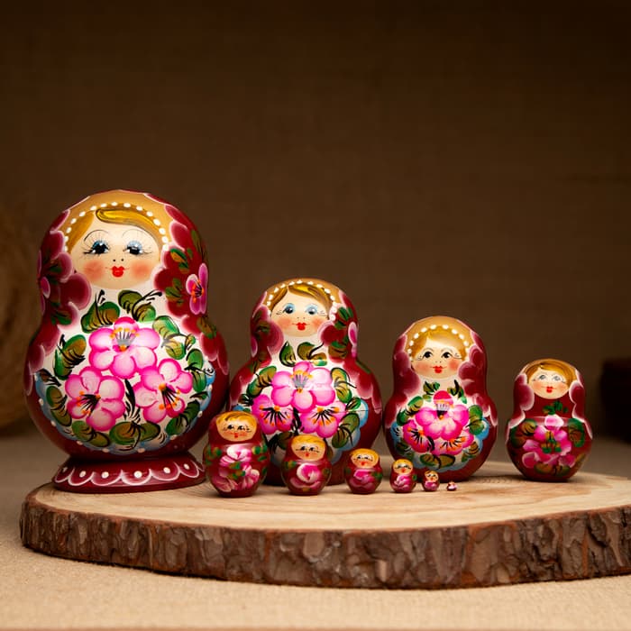 Матрёшка дерево «Цветочки розовое платье», 10 кукольная, 12-14 см