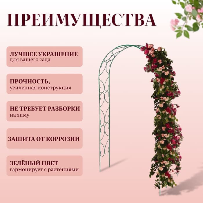 Арка садовая, 250×120×30 см, для вьющихся растений, металлическая, зелёная, «Узор-2»