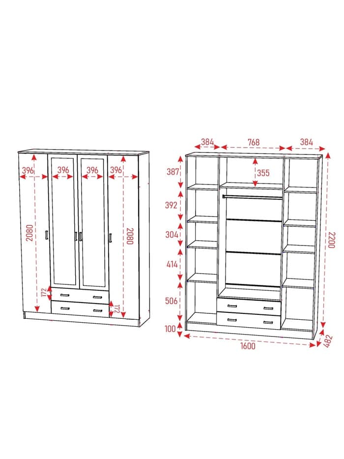 Шкаф четырехстворчатый «Квадро», 1600×487×2200 мм, цвет ясень шимо