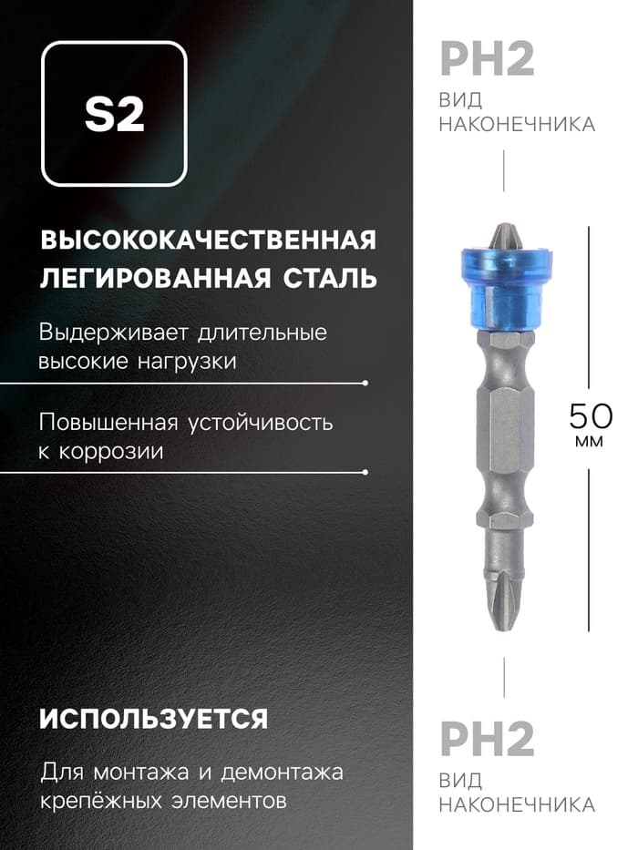 Биты двухсторонние ТУНДРА, сталь S2, круглый магнит-ограничитель, PH2×50 мм, 2 шт.