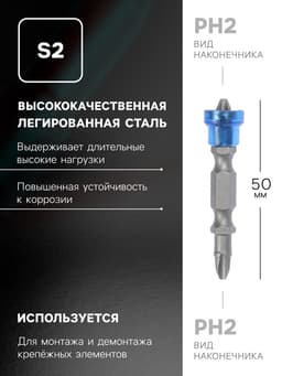 Биты двухсторонние ТУНДРА, сталь S2, круглый магнит-ограничитель, PH2×50 мм, 2 шт.