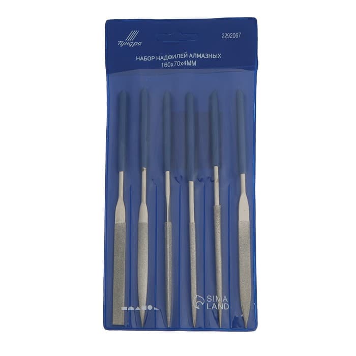 Набор надфилей алмазных ТУНДРА, обрезиненные рукоятки, 70×160×4 мм, 6 шт.