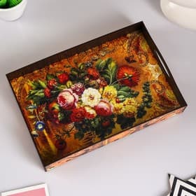 Поднос с ручками Дарим Красиво «Цветы», дерево, 30×20×4.5 см, разноцветный