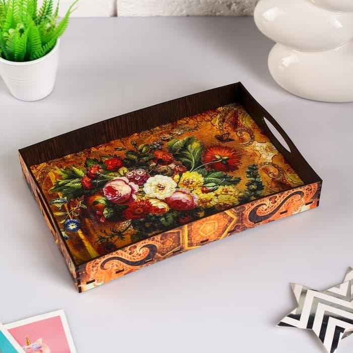 Поднос с ручками Дарим Красиво «Цветы», дерево, 30×20×4.5 см, разноцветный